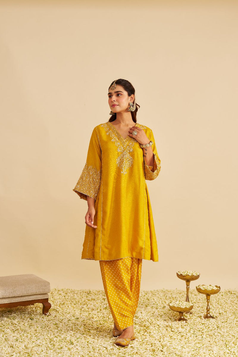 Niyah - Short Chauga With Salwar-Mustard silk by SHEETAL BATRA in mustard color for women in Singapore