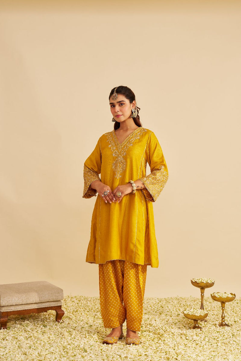 Niyah - Short Chauga With Salwar-Mustard silk by SHEETAL BATRA in mustard color for women in Singapore