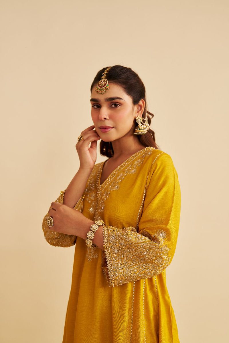 Niyah - Short Chauga With Salwar-Mustard silk by SHEETAL BATRA in mustard color for women in Singapore