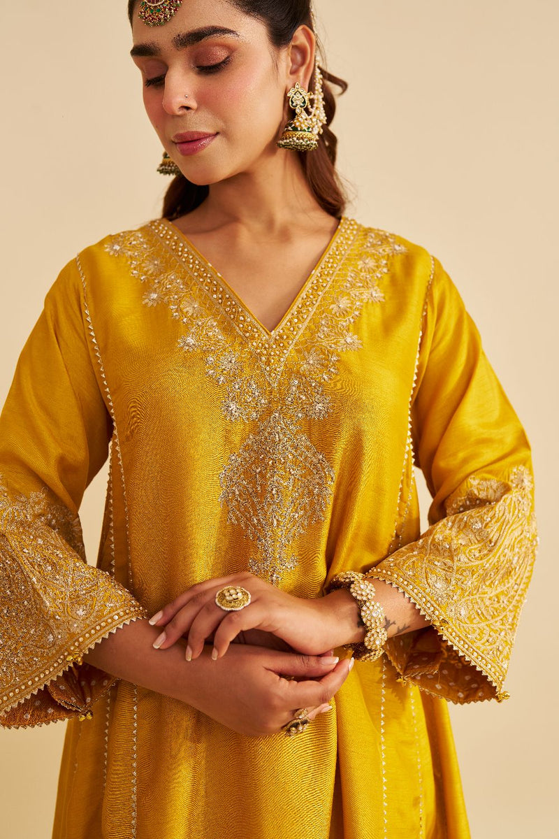 Niyah - Short Chauga With Salwar-Mustard silk by SHEETAL BATRA in mustard color for women in Singapore