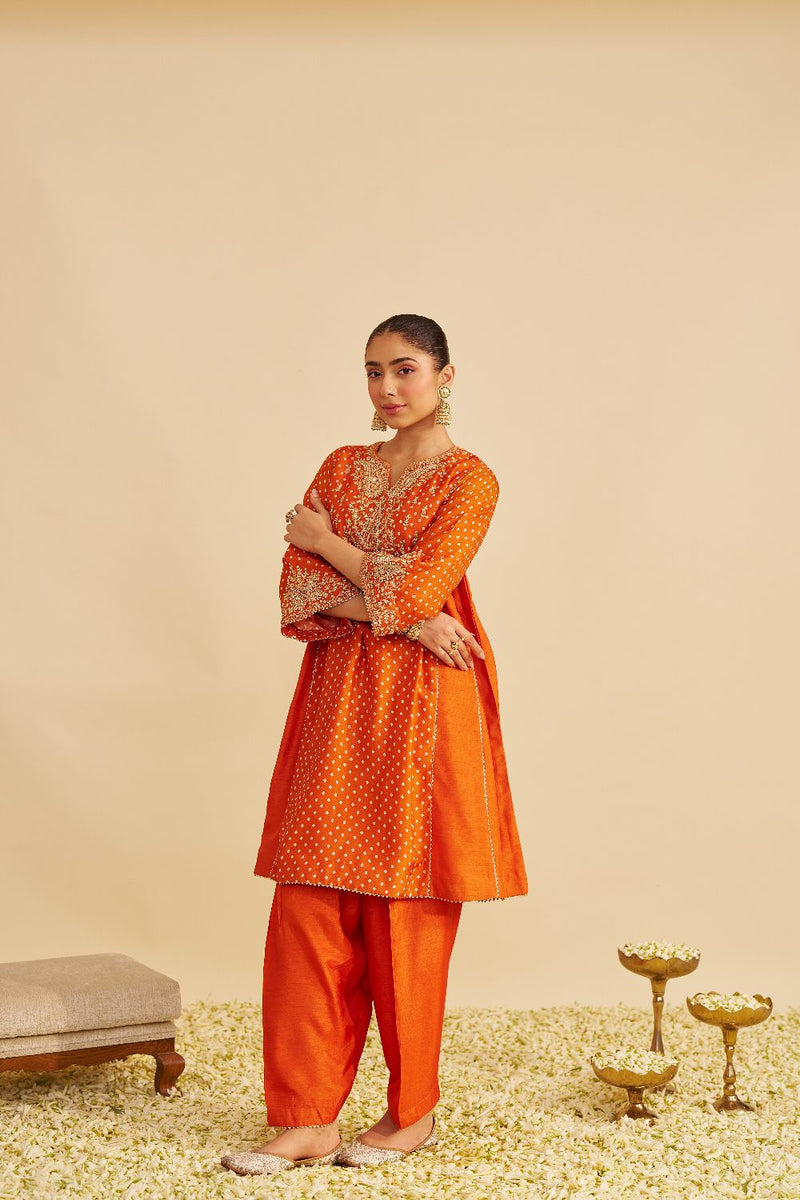 Kayra - Short Gathered Chauga With Salwar-Orange silk by SHEETAL BATRA in orange color for women in Singapore