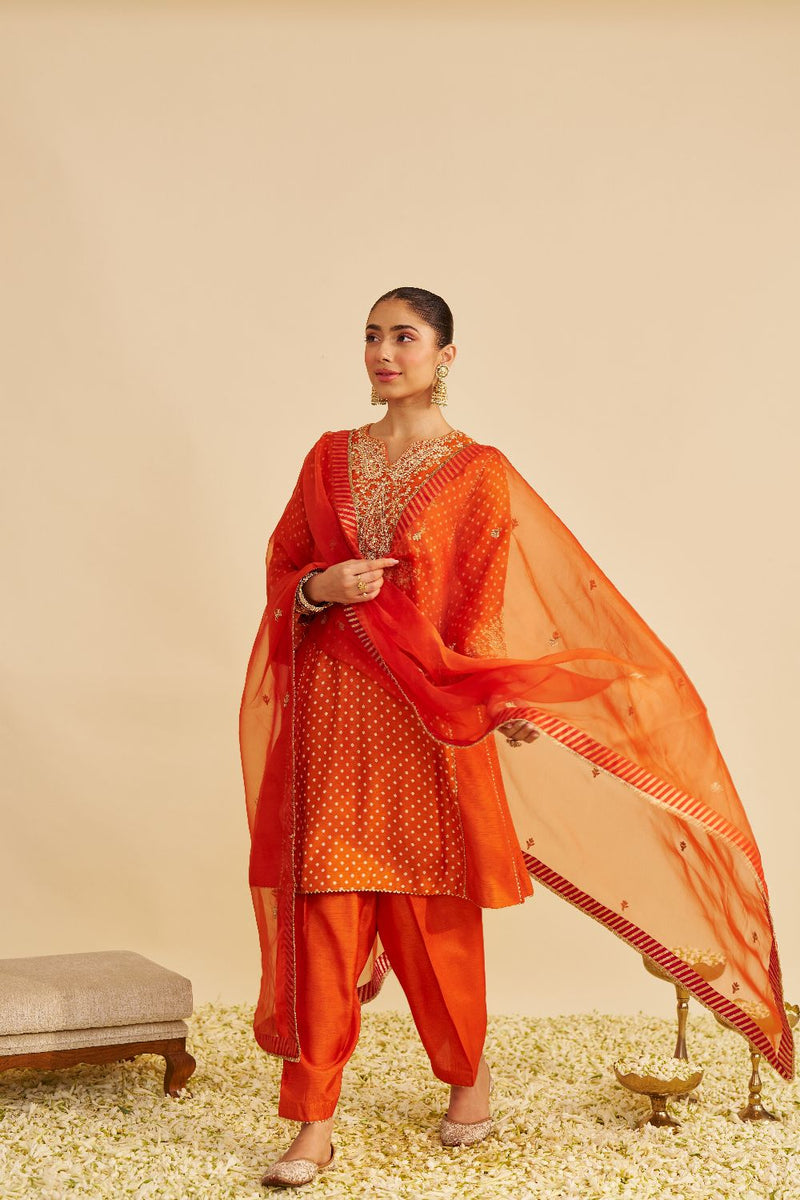 Kayra - Short Gathered Chauga With Salwar-Orange silk by SHEETAL BATRA in orange color for women in Singapore