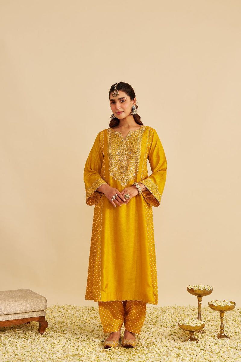 Esra - Long Chauga With Salwar-Mustard silk by SHEETAL BATRA in mustard color for women in Singapore