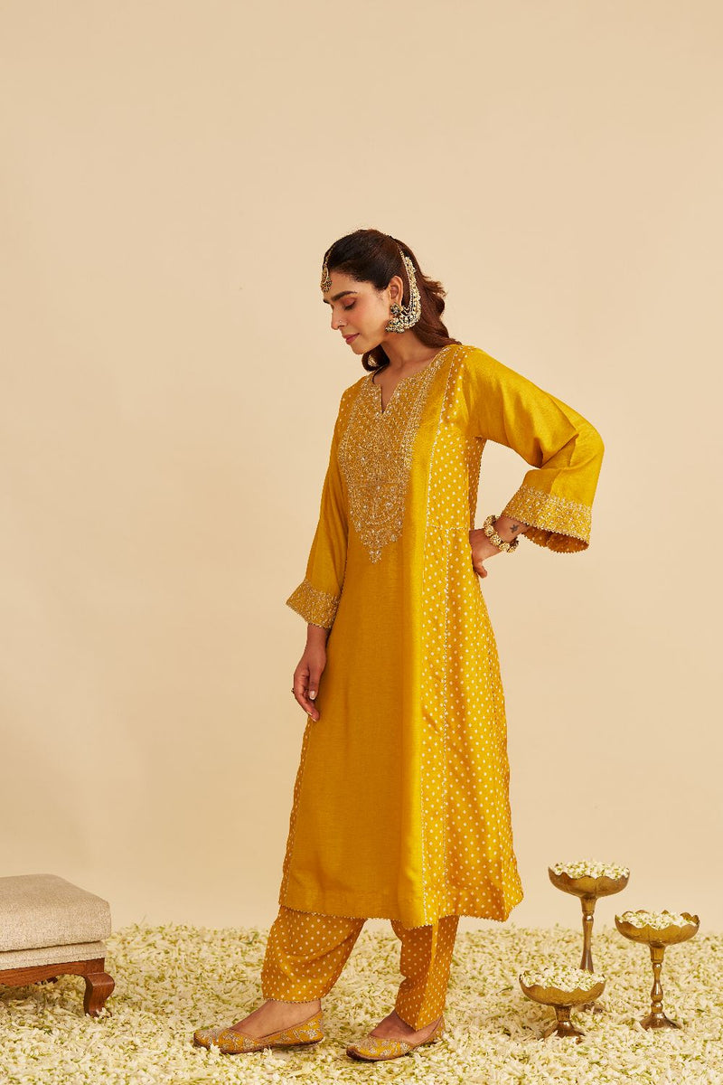 Esra - Long Chauga With Salwar-Mustard silk by SHEETAL BATRA in mustard color for women in Singapore