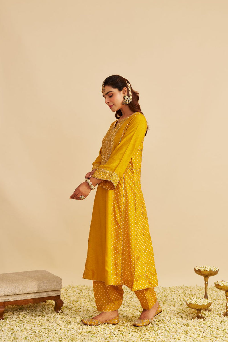 Esra - Long Chauga With Salwar-Mustard silk by SHEETAL BATRA in mustard color for women in Singapore