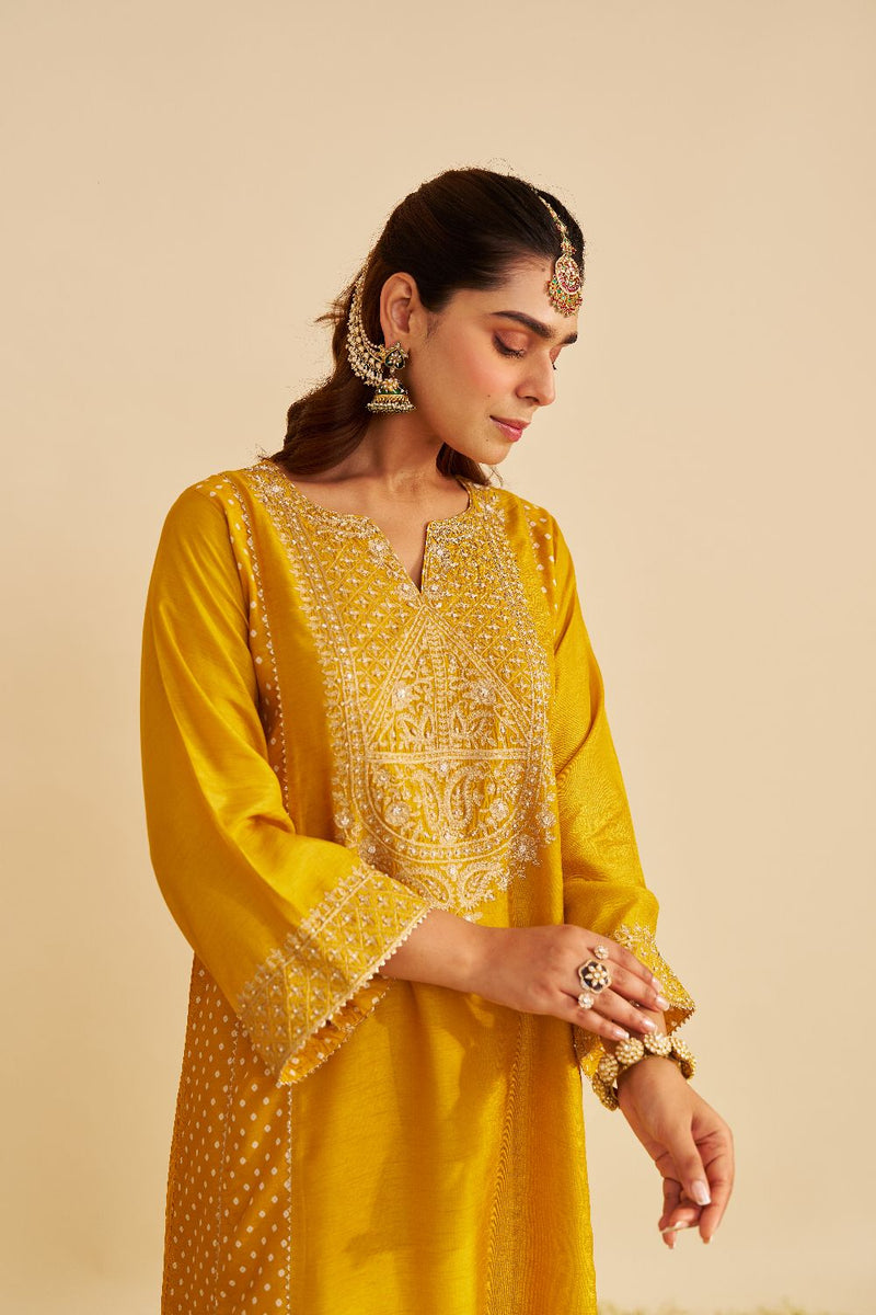 Esra - Long Chauga With Salwar-Mustard silk by SHEETAL BATRA in mustard color for women in Singapore