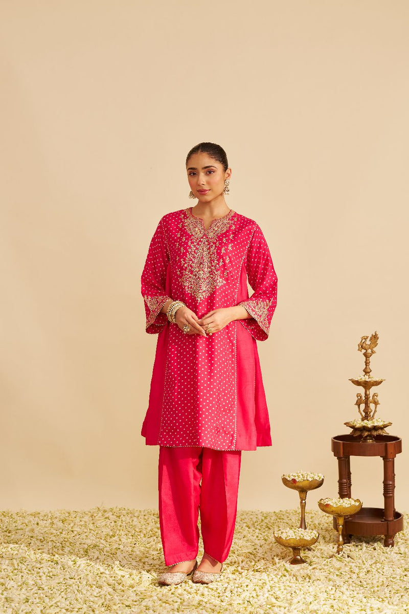 Kayra - Short Gathered Chauga With Salwar-Hotpink silk by SHEETAL BATRA in pink color for women in Singapore