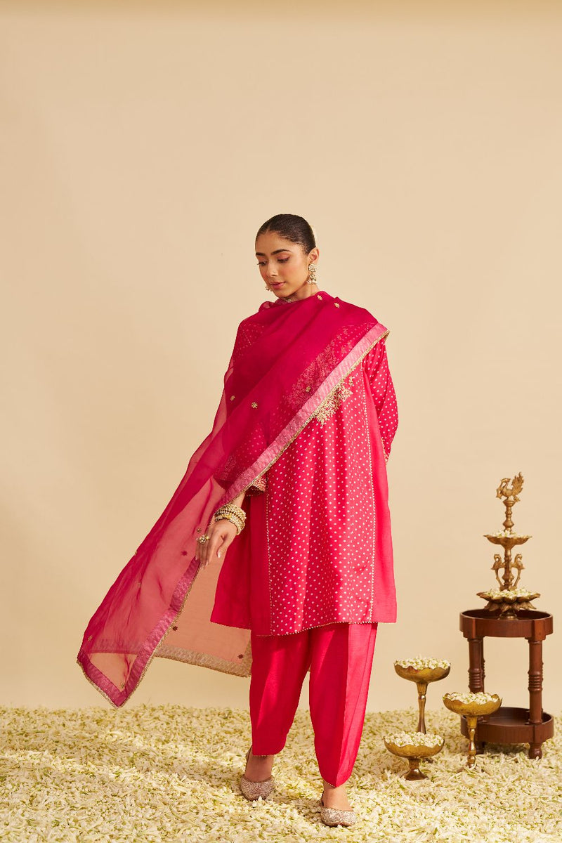 Kayra - Short Gathered Chauga With Salwar-Hotpink silk by SHEETAL BATRA in pink color for women in Singapore