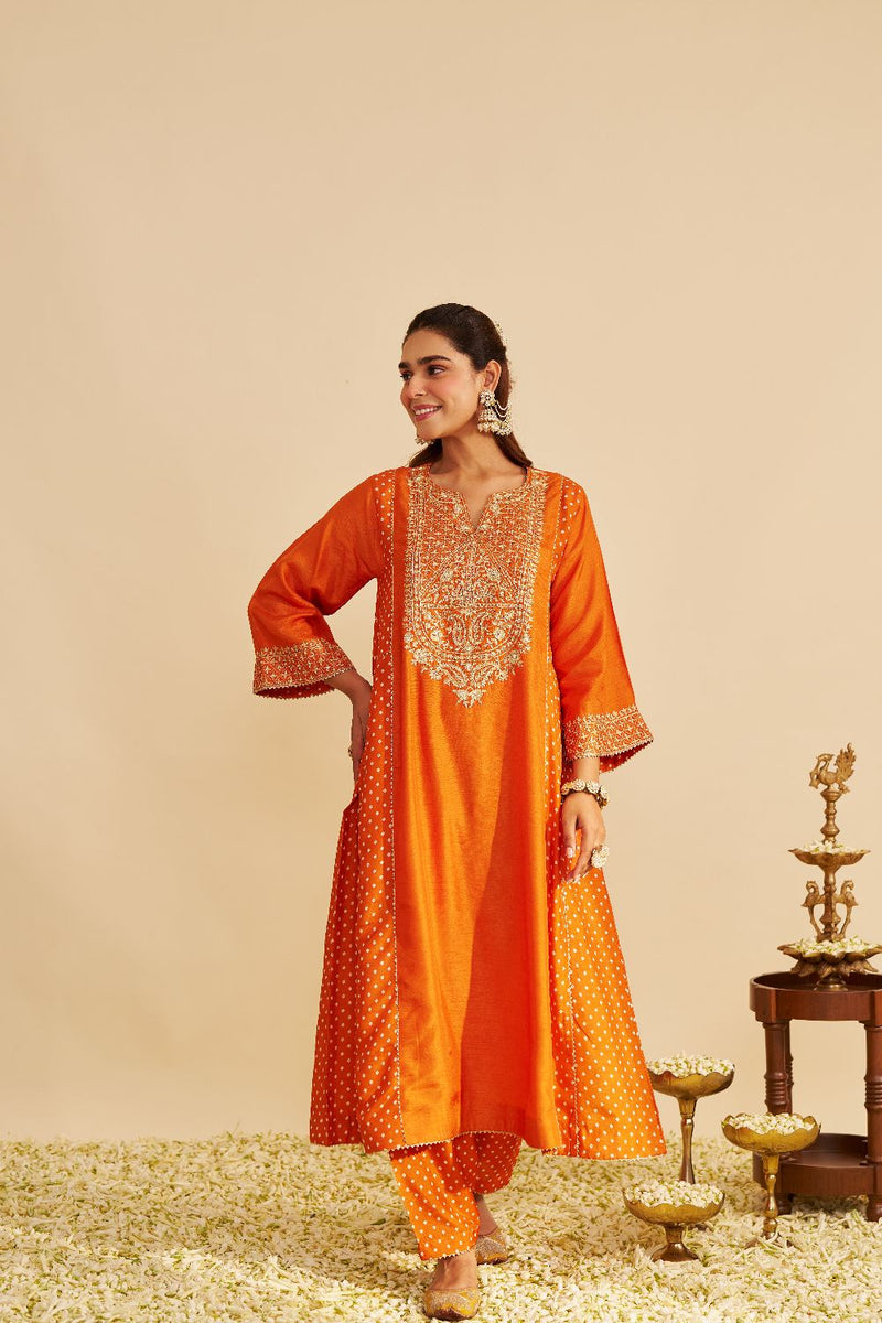 Esra - Long Chauga With Salwar-Orange silk by SHEETAL BATRA in orange color for women in Singapore