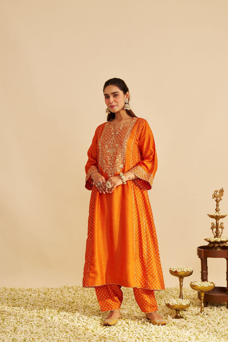 Esra - Long Chauga With Salwar-Orange silk by SHEETAL BATRA in orange color for women in Singapore