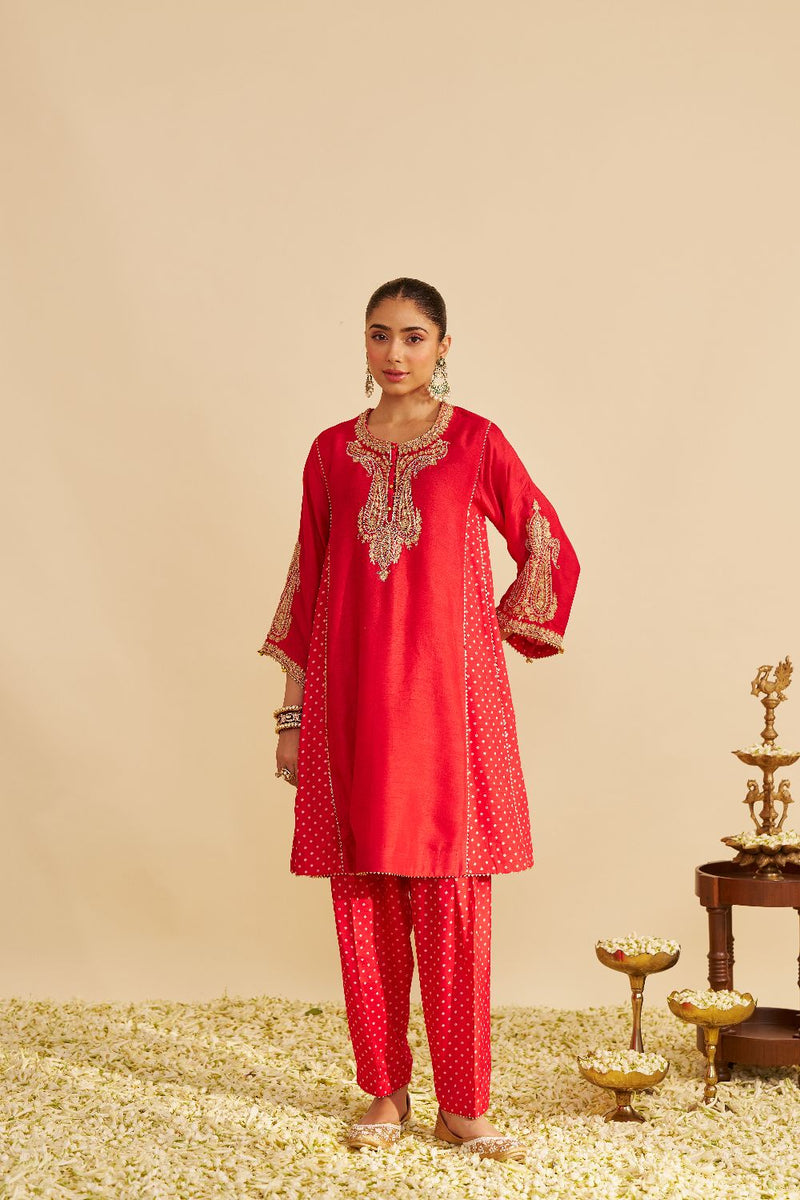 Jeriah - Short Chauga With Salwar-Red silk by SHEETAL BATRA in red color for women in Singapore