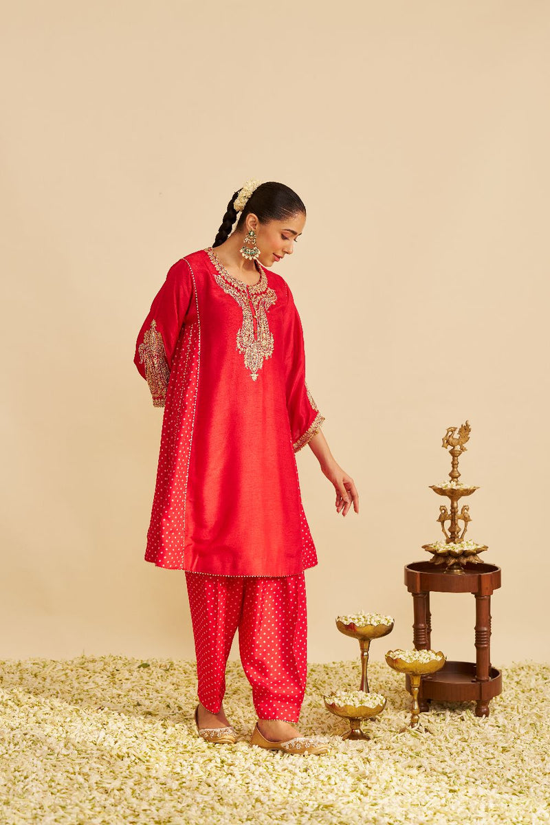 Jeriah - Short Chauga With Salwar-Red silk by SHEETAL BATRA in red color for women in Singapore