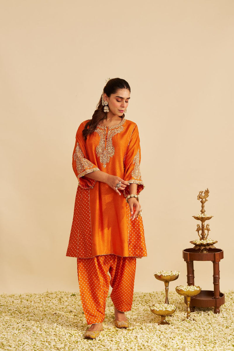 Jeriah - Short Chauga With Salwar-Orange silk by SHEETAL BATRA in orange color for women in Singapore