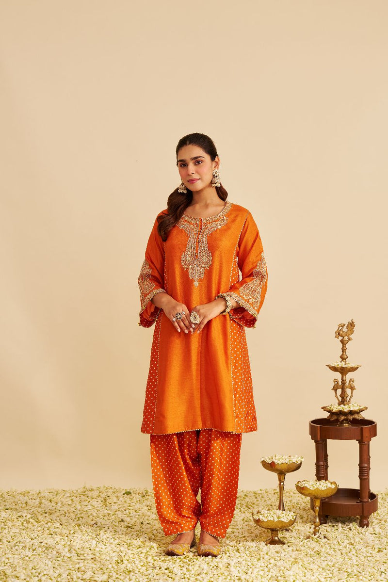 Jeriah - Short Chauga With Salwar-Orange silk by SHEETAL BATRA in orange color for women in Singapore