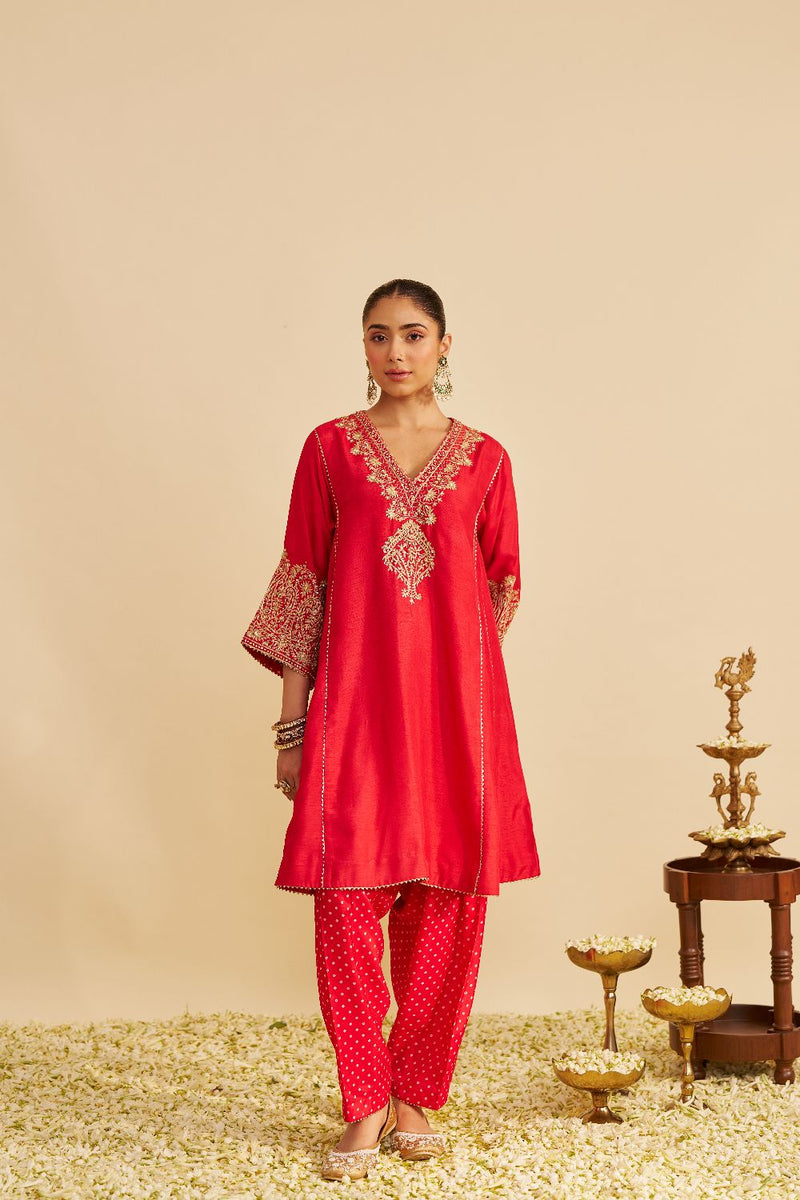 Niyah - Short Chauga With Salwar-Red silk by SHEETAL BATRA in red color for women in Singapore