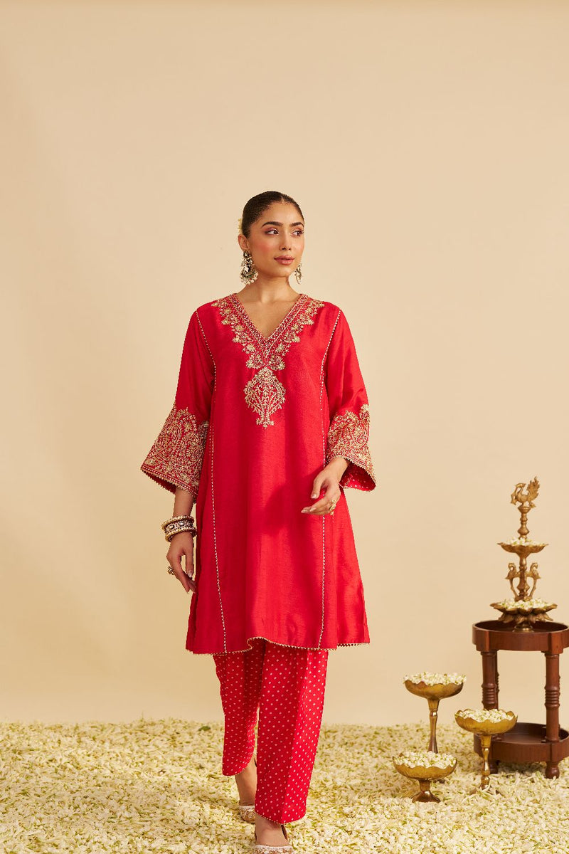 Niyah - Short Chauga With Salwar-Red silk by SHEETAL BATRA in red color for women in Singapore