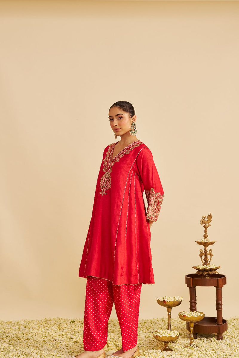 Niyah - Short Chauga With Salwar-Red silk by SHEETAL BATRA in red color for women in Singapore