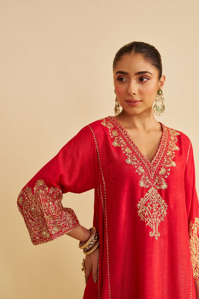 Niyah - Short Chauga With Salwar-Red silk by SHEETAL BATRA in red color for women in Singapore