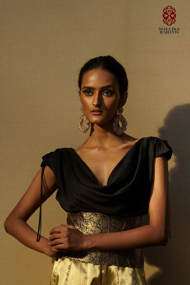 Shikargah crop top cowl neck midnight black satin Buy Shikargah crop top cowl neck midnight black from C&W | for Women by Mallika Mathur in black color for women in Singapore