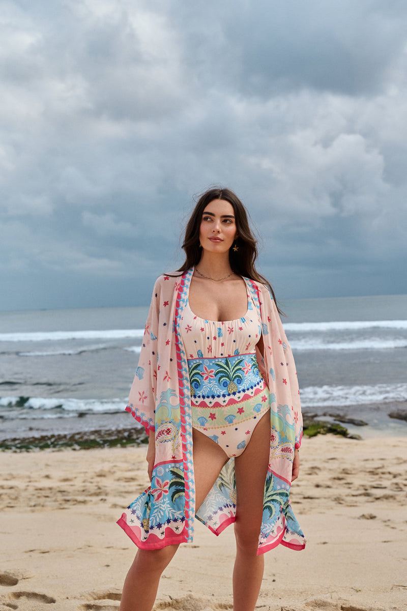 Sia Coverup-Ananas viscose georgette resort wear by NOIB in pink for women in Singapore