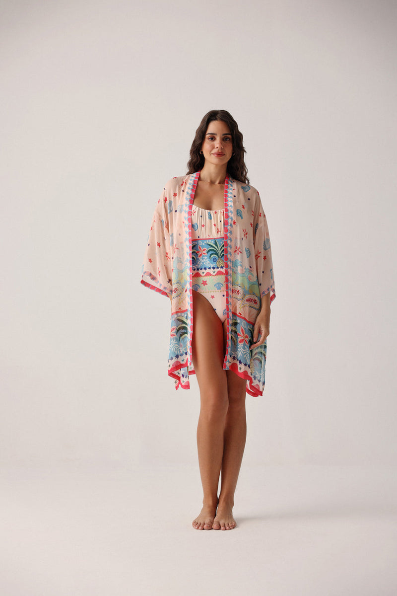 Sia Coverup-Ananas viscose georgette resort wear by NOIB in pink for women in Singapore