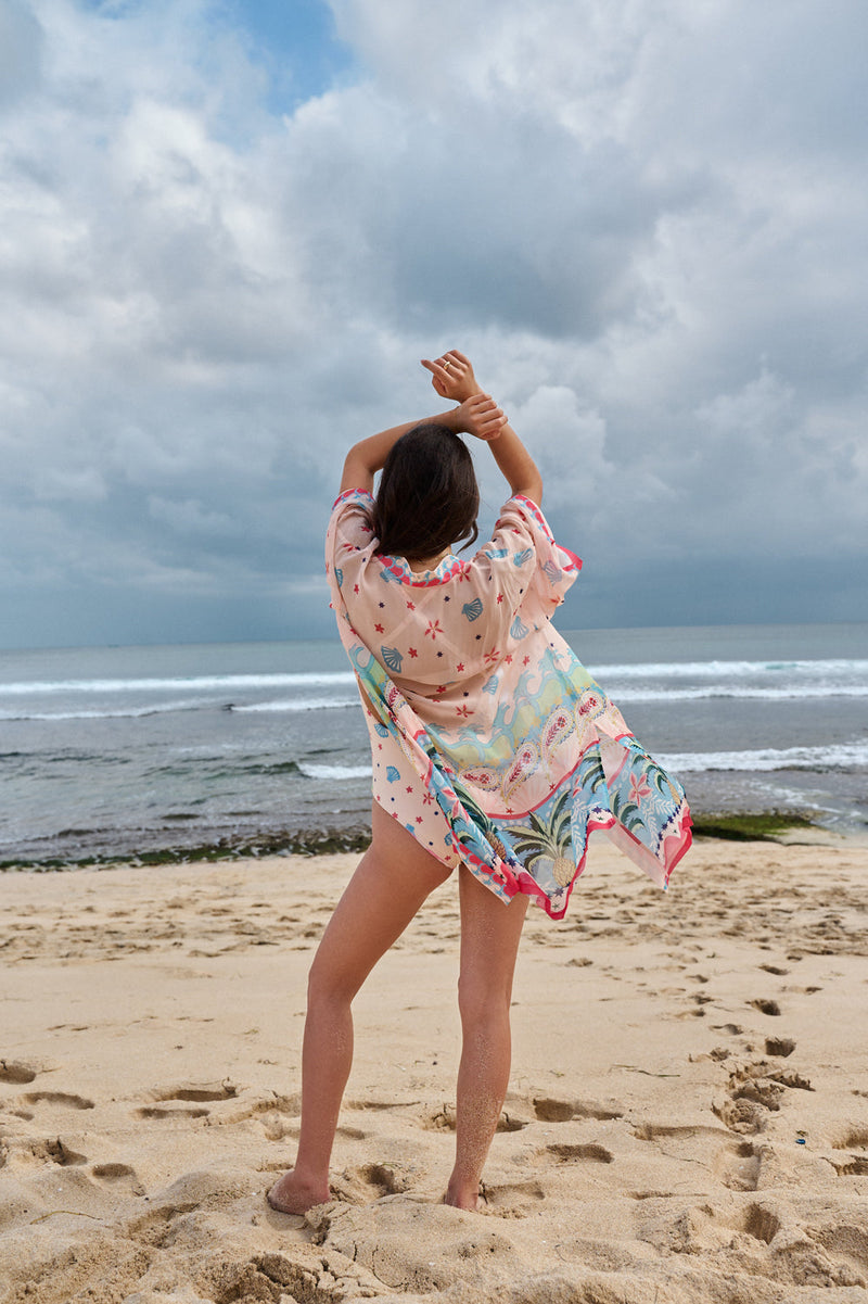 Sia Coverup-Ananas viscose georgette resort wear by NOIB in pink for women in Singapore
