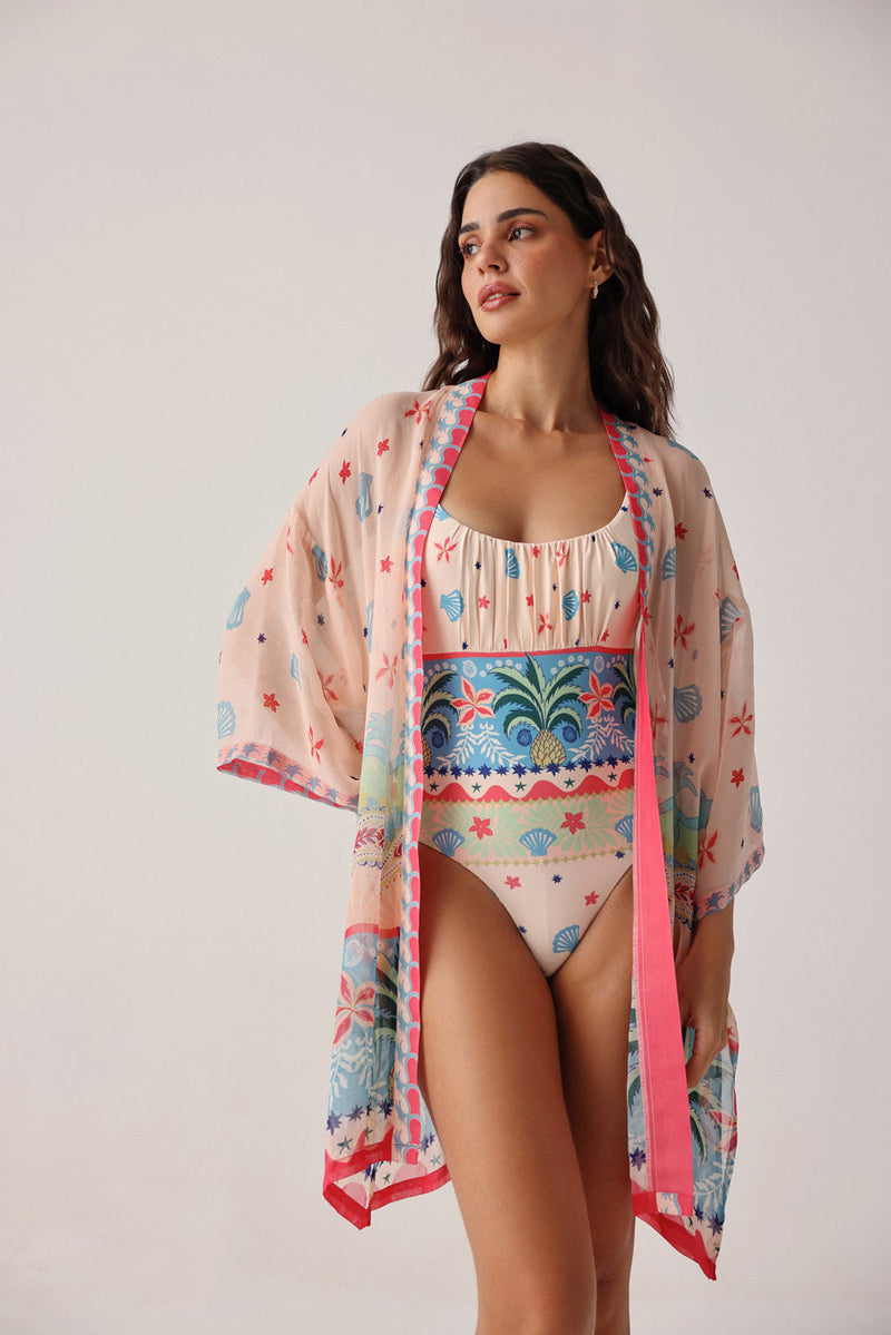 Sia Coverup-Ananas viscose georgette resort wear by NOIB in pink for women in Singapore