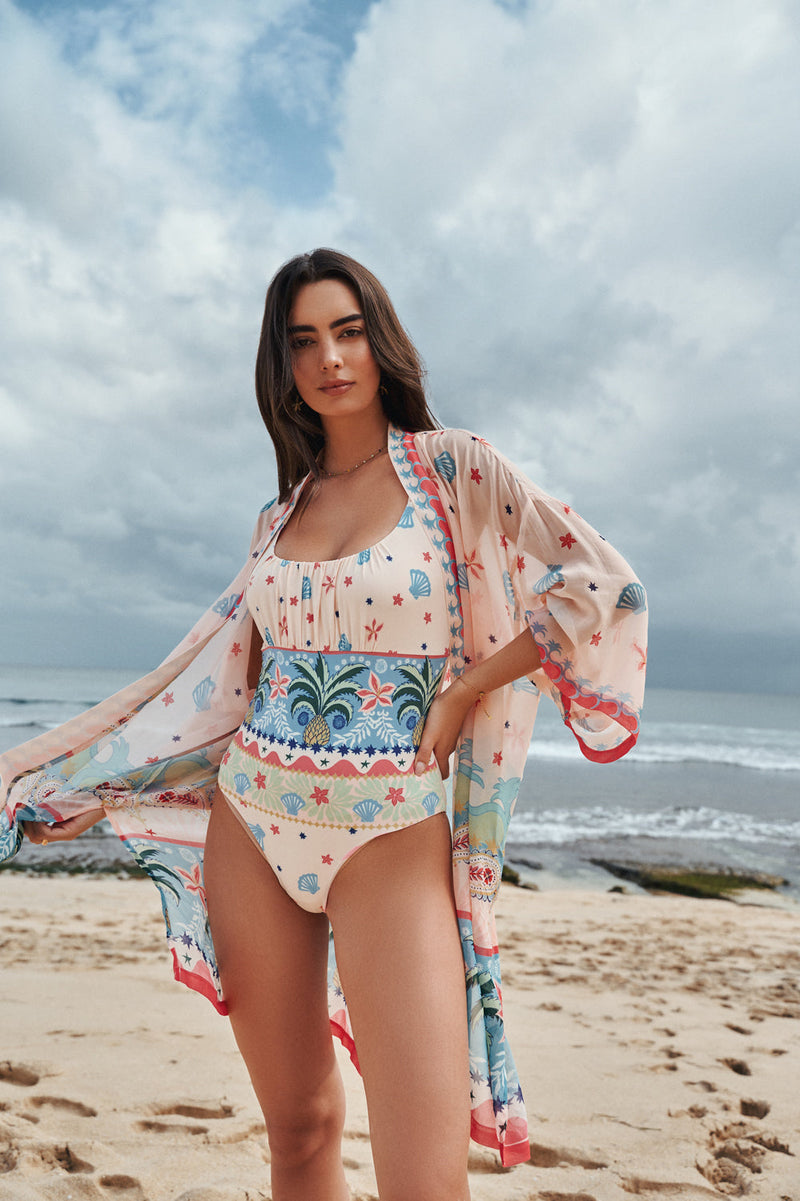 Sia Coverup-Ananas viscose georgette resort wear by NOIB in pink for women in Singapore