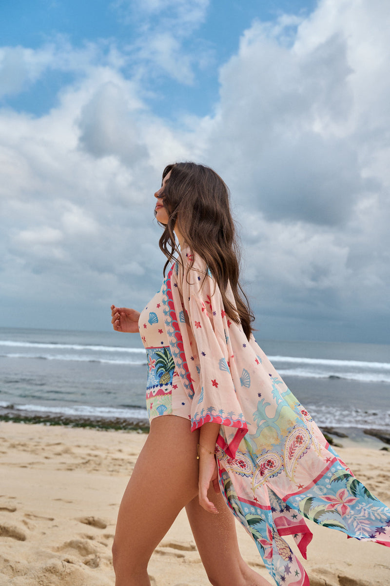 Sia Coverup-Ananas viscose georgette resort wear by NOIB in pink for women in Singapore