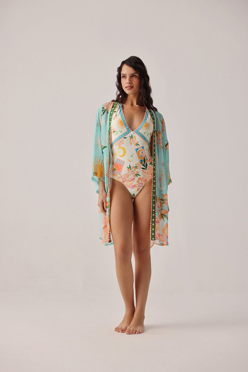Sia Coverup-Azure viscose georgette resort wear by NOIB in blue for women in Singapore