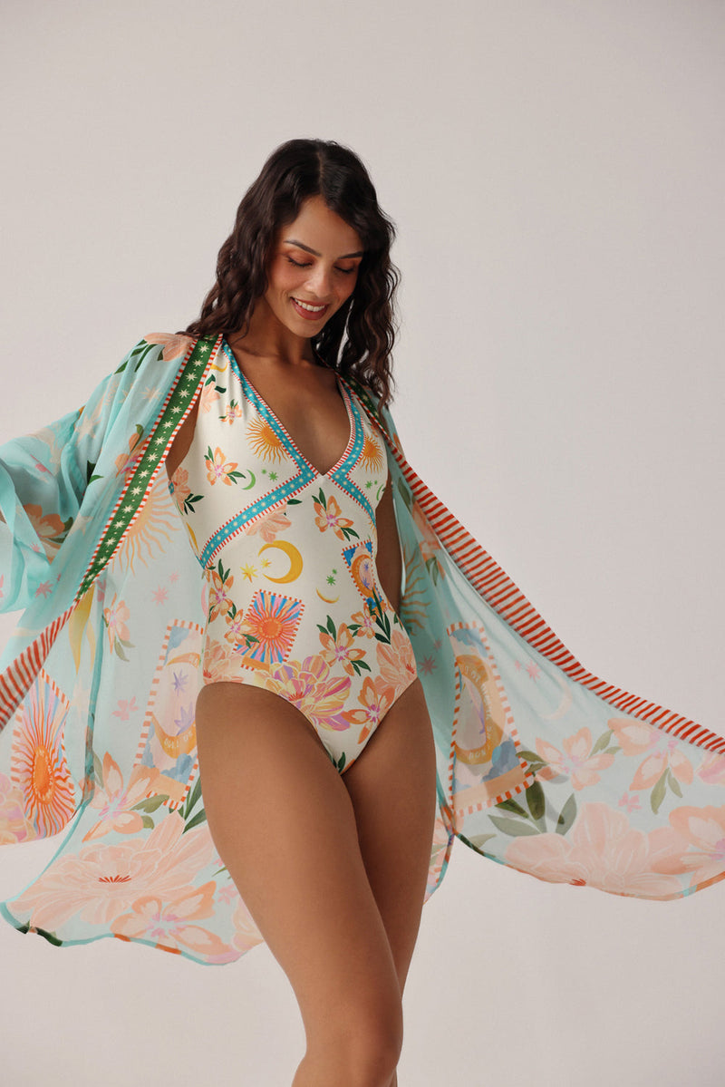 Sia Coverup-Azure viscose georgette resort wear by NOIB in blue for women in Singapore