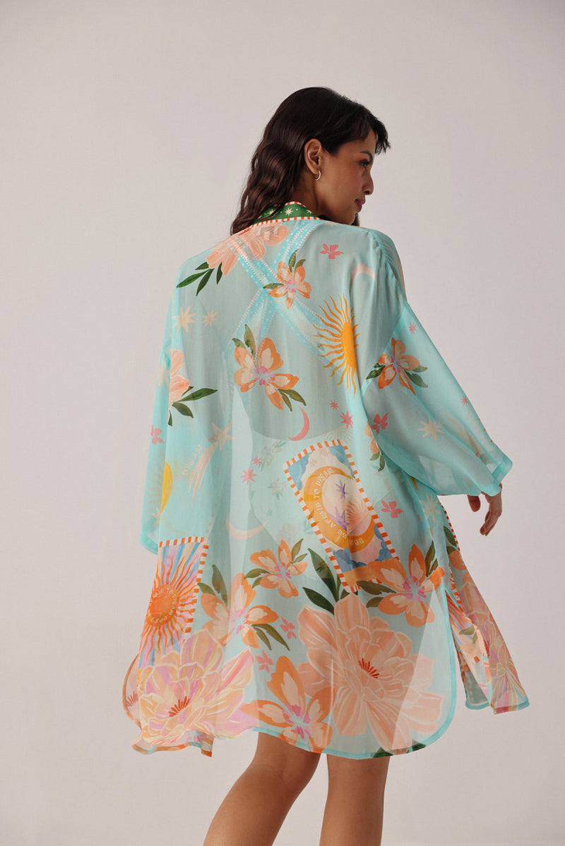 Sia Coverup-Azure viscose georgette resort wear by NOIB in blue for women in Singapore