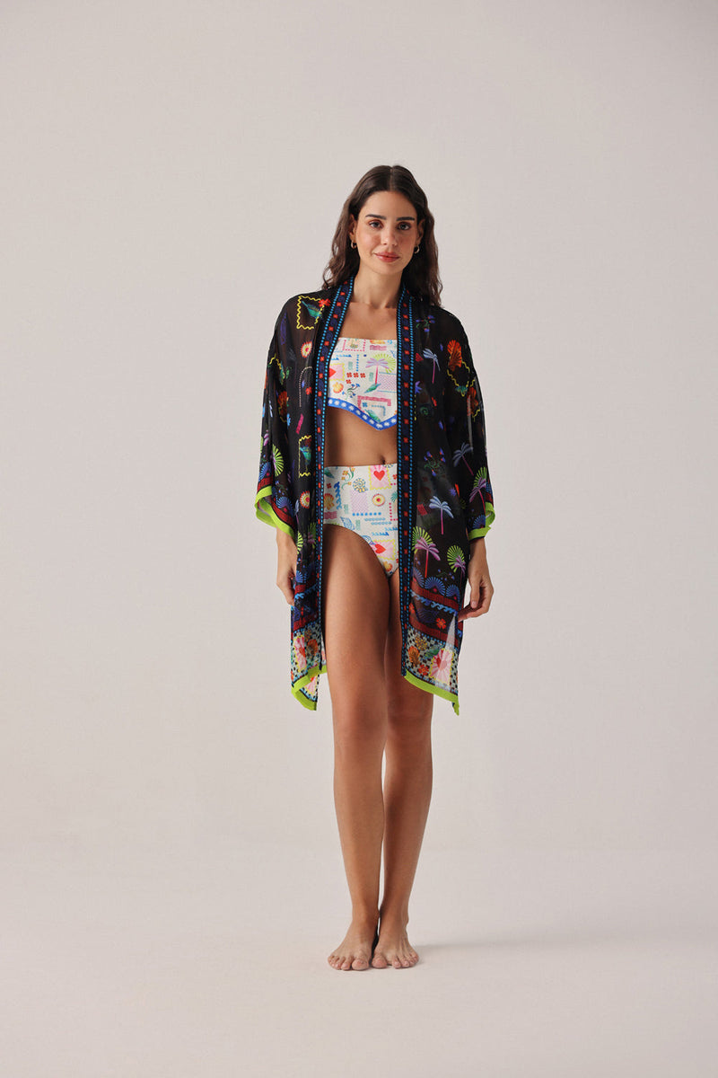 Sia Coverup-Seascape viscose georgette resort wear by NOIB in black for women in Singapore