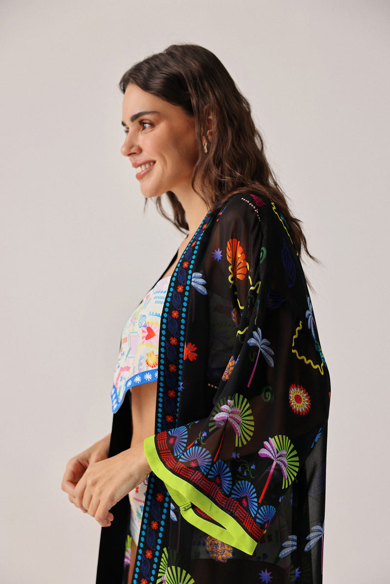 Sia Coverup-Seascape viscose georgette resort wear by NOIB in black for women in Singapore