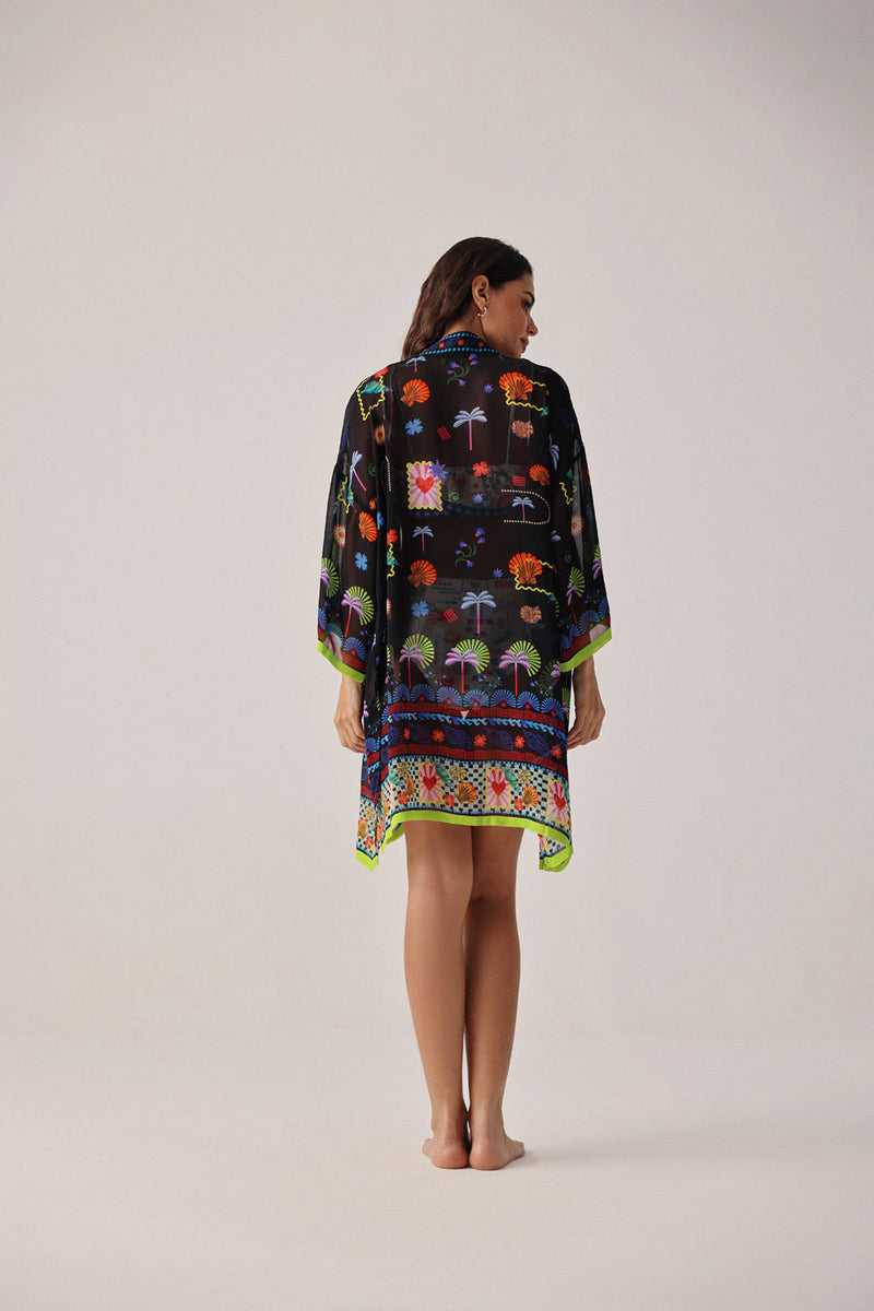 Sia Coverup-Seascape viscose georgette resort wear by NOIB in black for women in Singapore