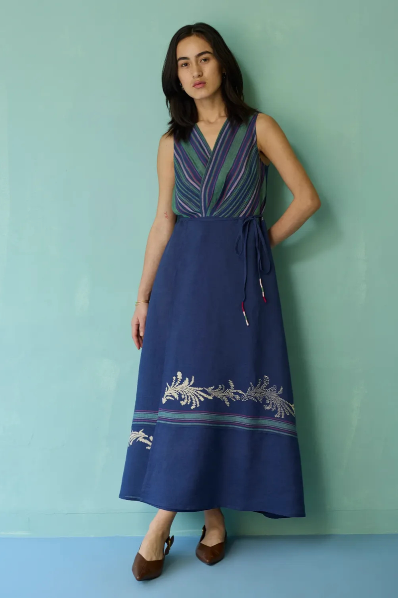 Sira Border Linen Floral Wrap Dress - Indigo linen dress by Manan in navy for women in Singapore