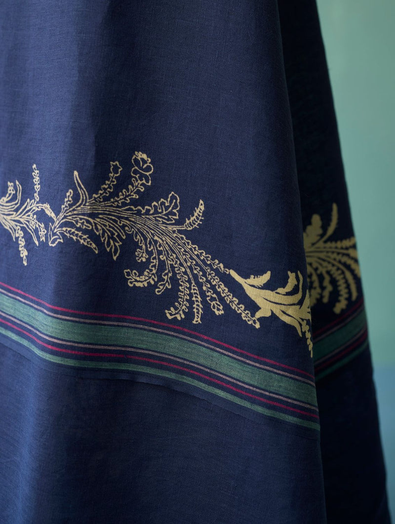 Sira Border Linen Floral Wrap Dress - Indigo linen dress by Manan in navy for women in Singapore