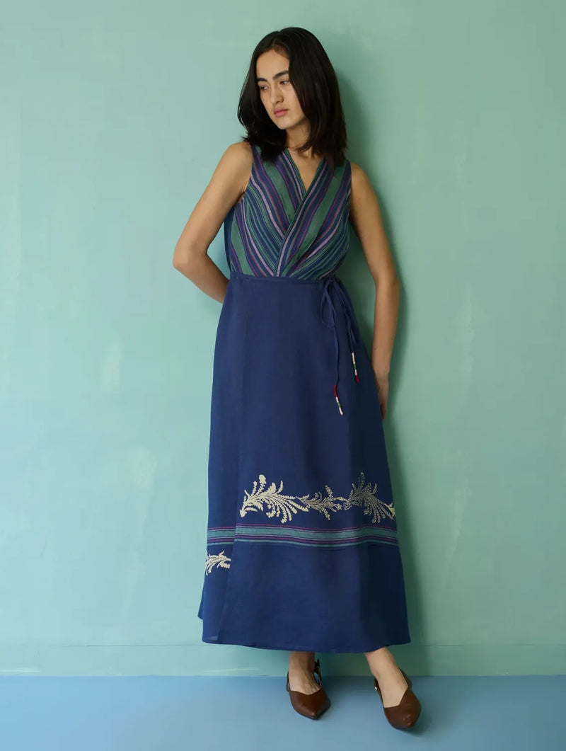 Sira Border Linen Floral Wrap Dress - Indigo linen dress by Manan in navy for women in Singapore