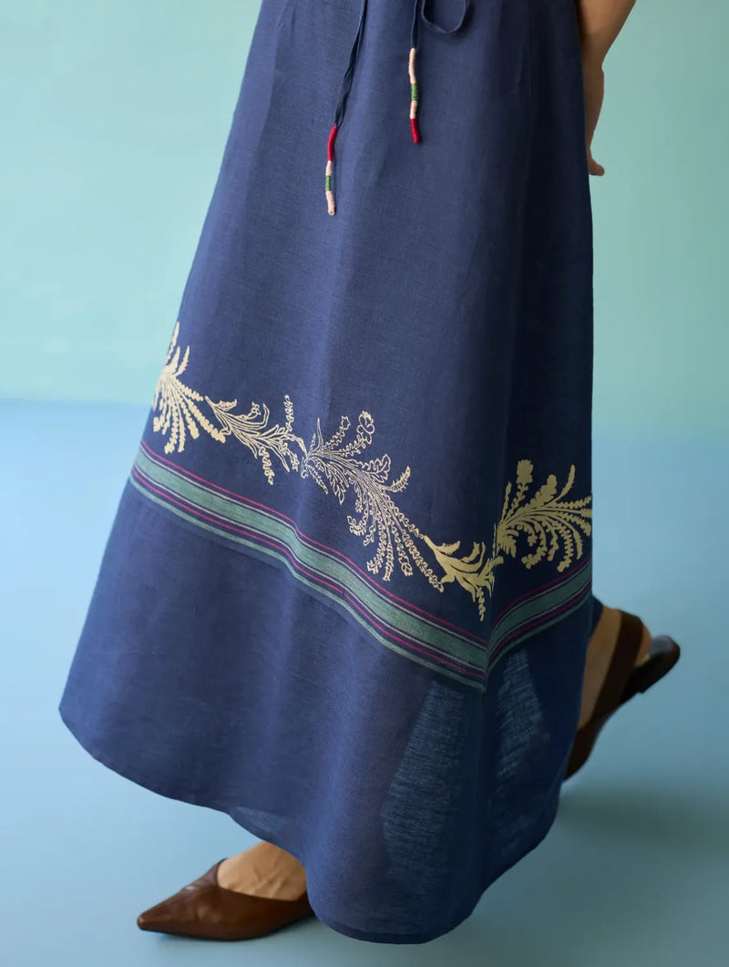 Sira Border Linen Floral Wrap Dress - Indigo linen dress by Manan in navy for women in Singapore