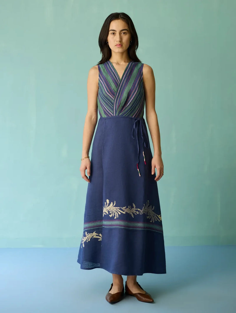Sira Border Linen Floral Wrap Dress - Indigo linen dress by Manan in navy for women in Singapore