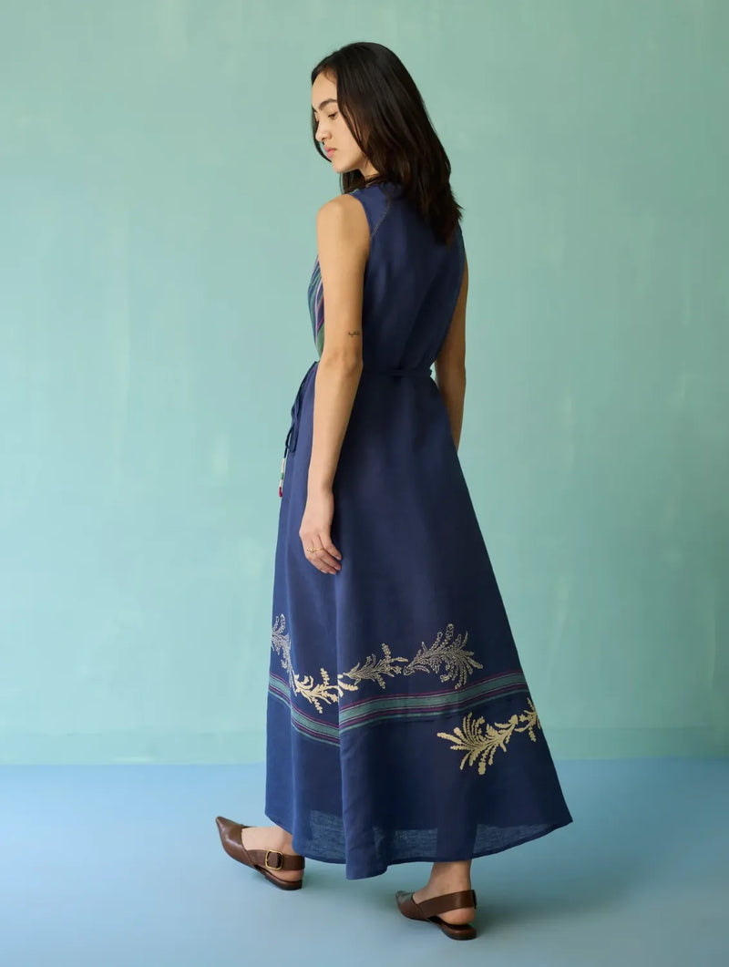 Sira Border Linen Floral Wrap Dress - Indigo linen dress by Manan in navy for women in Singapore