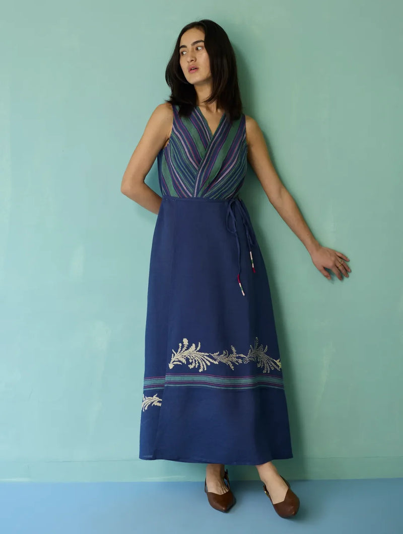 Sira Border Linen Floral Wrap Dress - Indigo linen dress by Manan in navy for women in Singapore