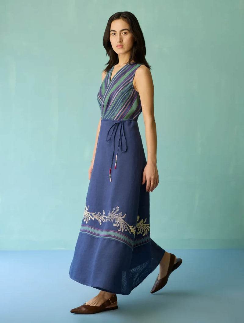 Sira Border Linen Floral Wrap Dress - Indigo linen dress by Manan in navy for women in Singapore