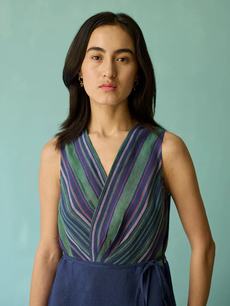 Sira Border Linen Floral Wrap Dress - Indigo linen dress by Manan in navy for women in Singapore