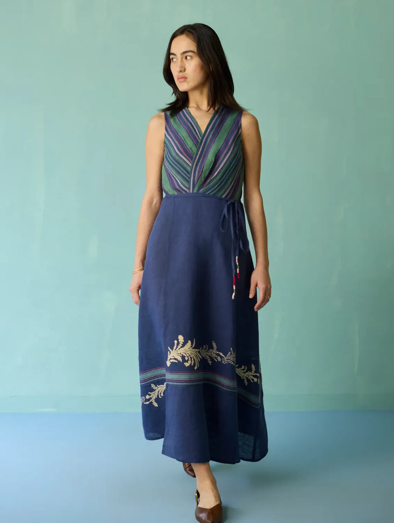 Sira Border Linen Floral Wrap Dress - Indigo linen dress by Manan in navy for women in Singapore