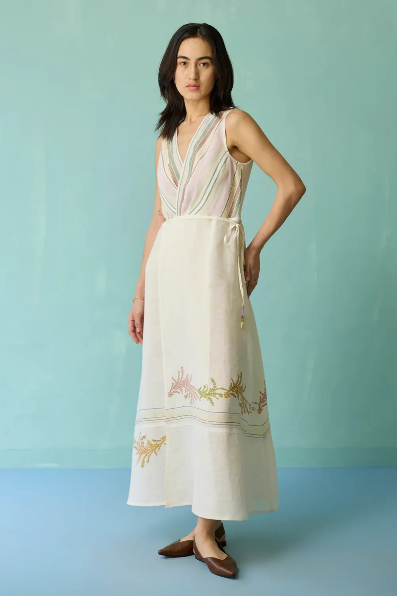 Sira Border Linen Floral Wrap Dress - Ivory linen dress by Manan in ivory for women in Singapore