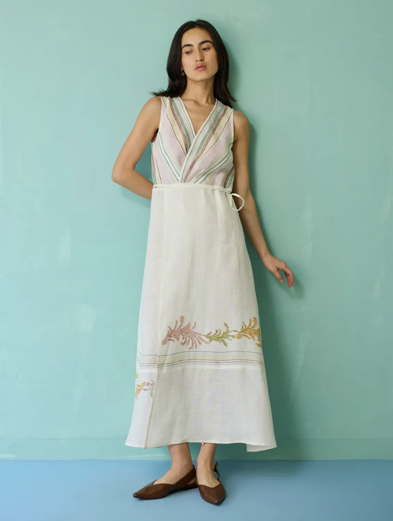 Sira Border Linen Floral Wrap Dress - Ivory linen dress by Manan in ivory for women in Singapore