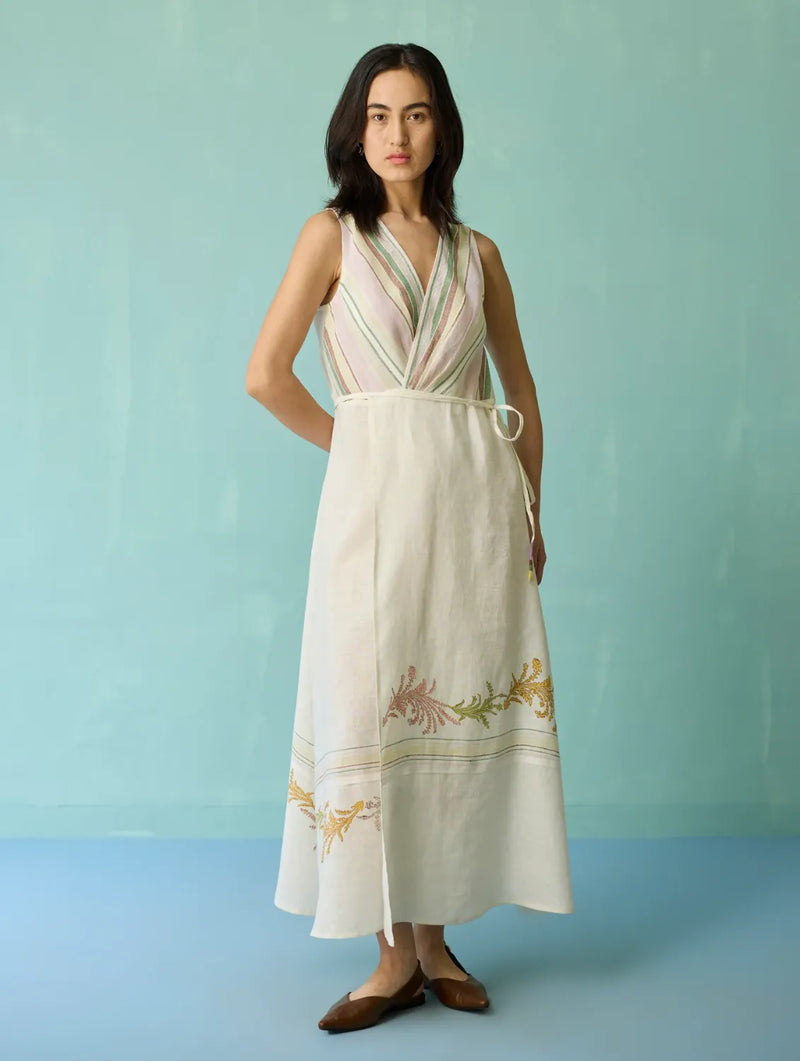 Sira Border Linen Floral Wrap Dress - Ivory linen dress by Manan in ivory for women in Singapore
