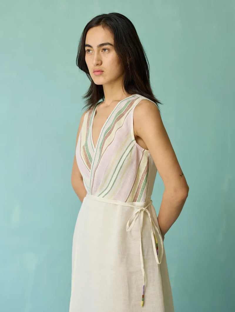 Sira Border Linen Floral Wrap Dress - Ivory linen dress by Manan in ivory for women in Singapore