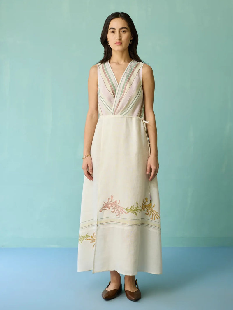 Sira Border Linen Floral Wrap Dress - Ivory linen dress by Manan in ivory for women in Singapore